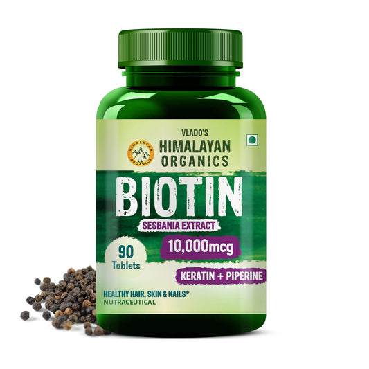 Vlado's Himalayan Organics Biotin 10000mcg with Keratin + Piperine Supplement For Healthy Hair, Skin & Nails - 90 Veg Tablets