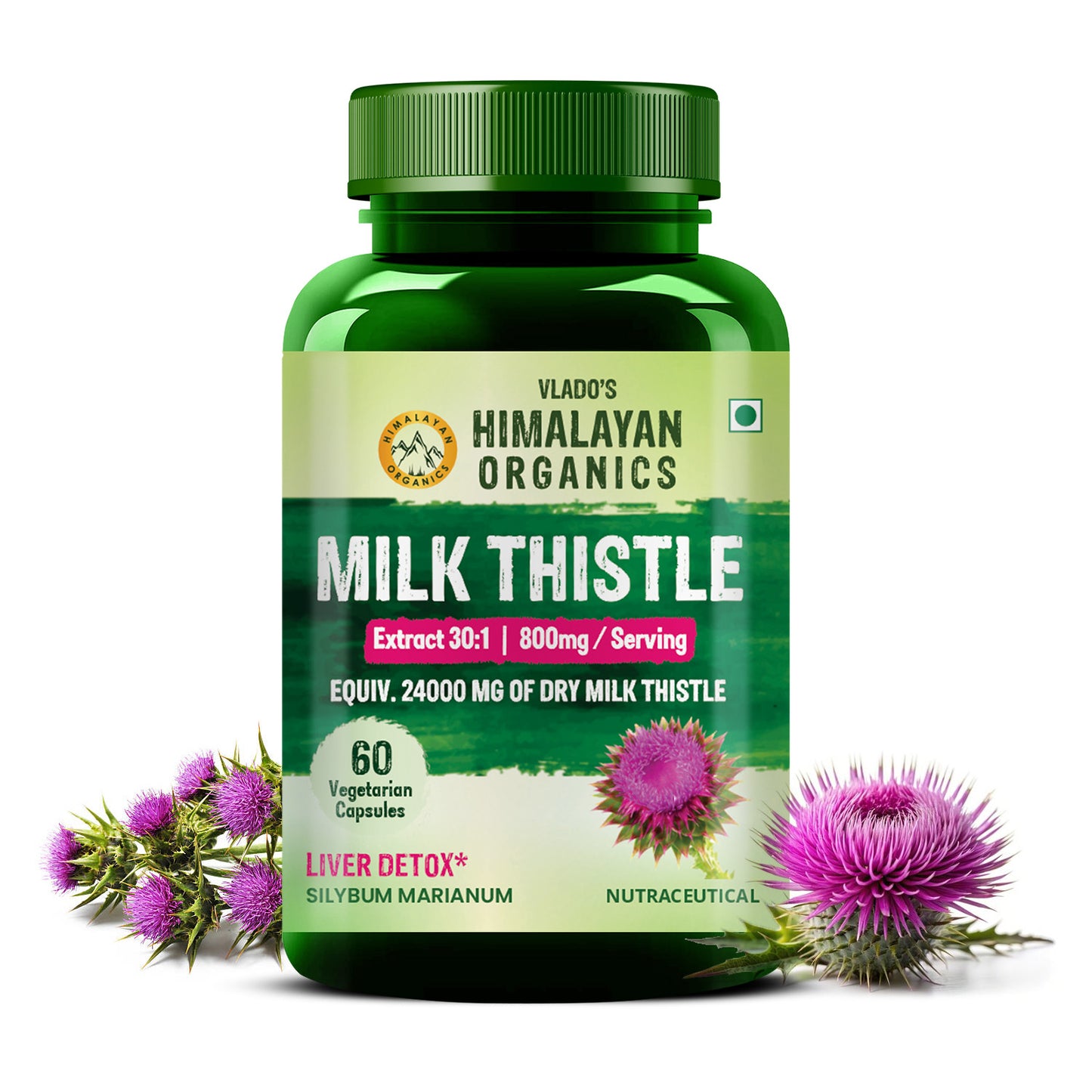 Vlado's Himalayan Organics Milk Thistle Extract Detox Supplement For Men And Women With 800Mg Of Silybum Marianum For Healthy Liver | Helps in Cleanse Liver - 60 Vegetarian Capsules