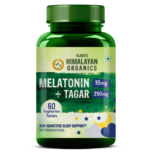 Vlado's Himalayan Organics Melatonin 10Mg + Tagar 250Mg Supplement With Vitamin B6 And Calcium | Non-Habit Forming, Restful Sleep, Improved Focus, Relaxed Mind | Good For Eye Health - 60 Veg Tablets