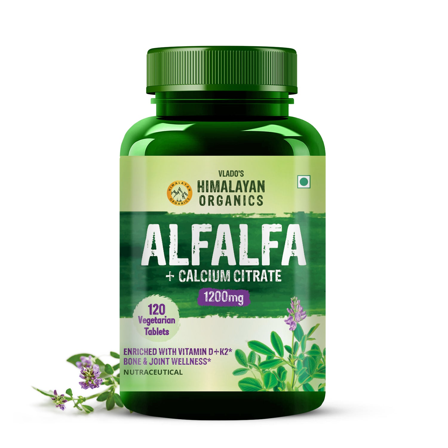 Vlado's Himalayan Organics Alfalfa Calcium Citrate Malate 1200mg with Vitamin D, k2, Mk7, B12, Zinc & Magnesium - 120 Veg Tablets