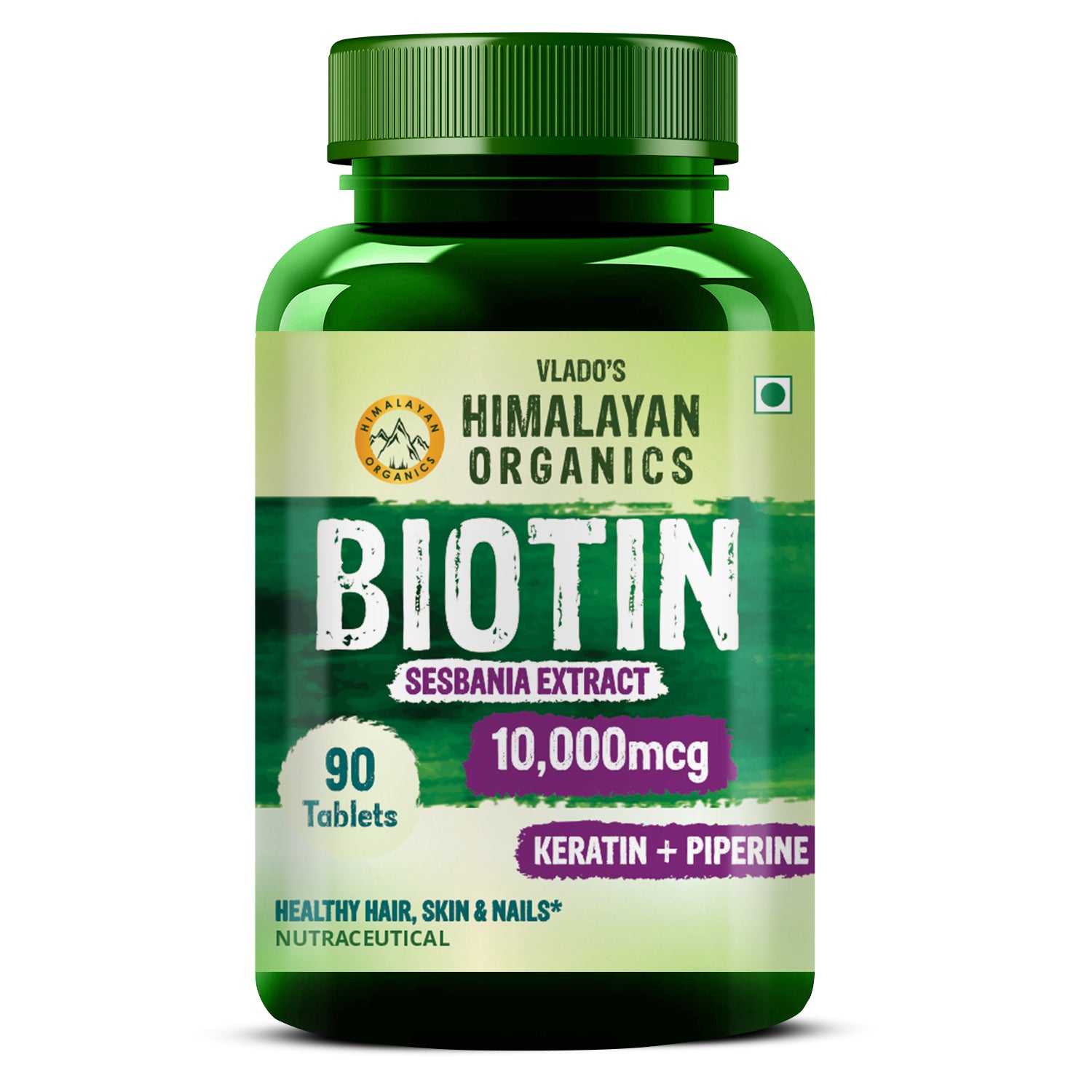 Vlado's Himalayan Organics Biotin 10000mcg with Keratin + Piperine Supplement For Healthy Hair, Skin & Nails - 90 Veg Tablets