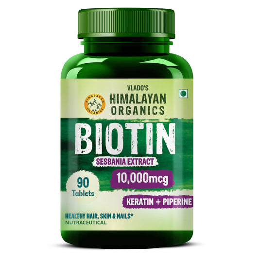 Vlado's Himalayan Organics Biotin 10000mcg with Keratin + Piperine Supplement For Healthy Hair, Skin & Nails - 90 Veg Tablets