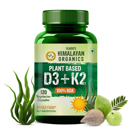 Vlado's Himalayan Organics Plant Based 600iU Supplement | Vitamin D3(Lichen) + K2(Menaquinone Mk7) | Faster Absorption | Boost Immunity | Healthy Bones -120 Veg Capsules