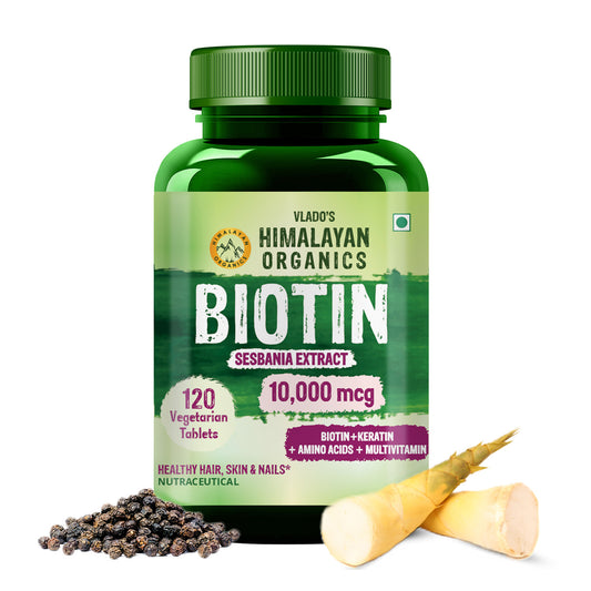 Vlado's Himalayan Organics Biotin 10,000mcg Supplement with Keratin + Amino Acids & Multivitamin - 120 Veg Tablets