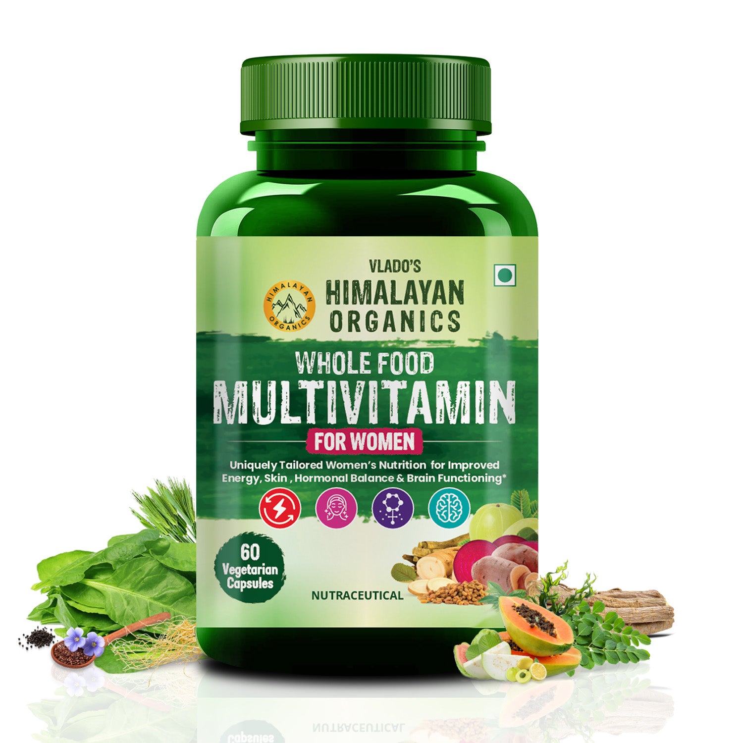 Vlado's Himalayan Organics Whole Food Multivitamin For Women With Vitamin B1, B2, B3, B5, B6, B7, B9, B12, C, D, E, Calcium, Magnesium, Zinc - 60 Veg Capsules