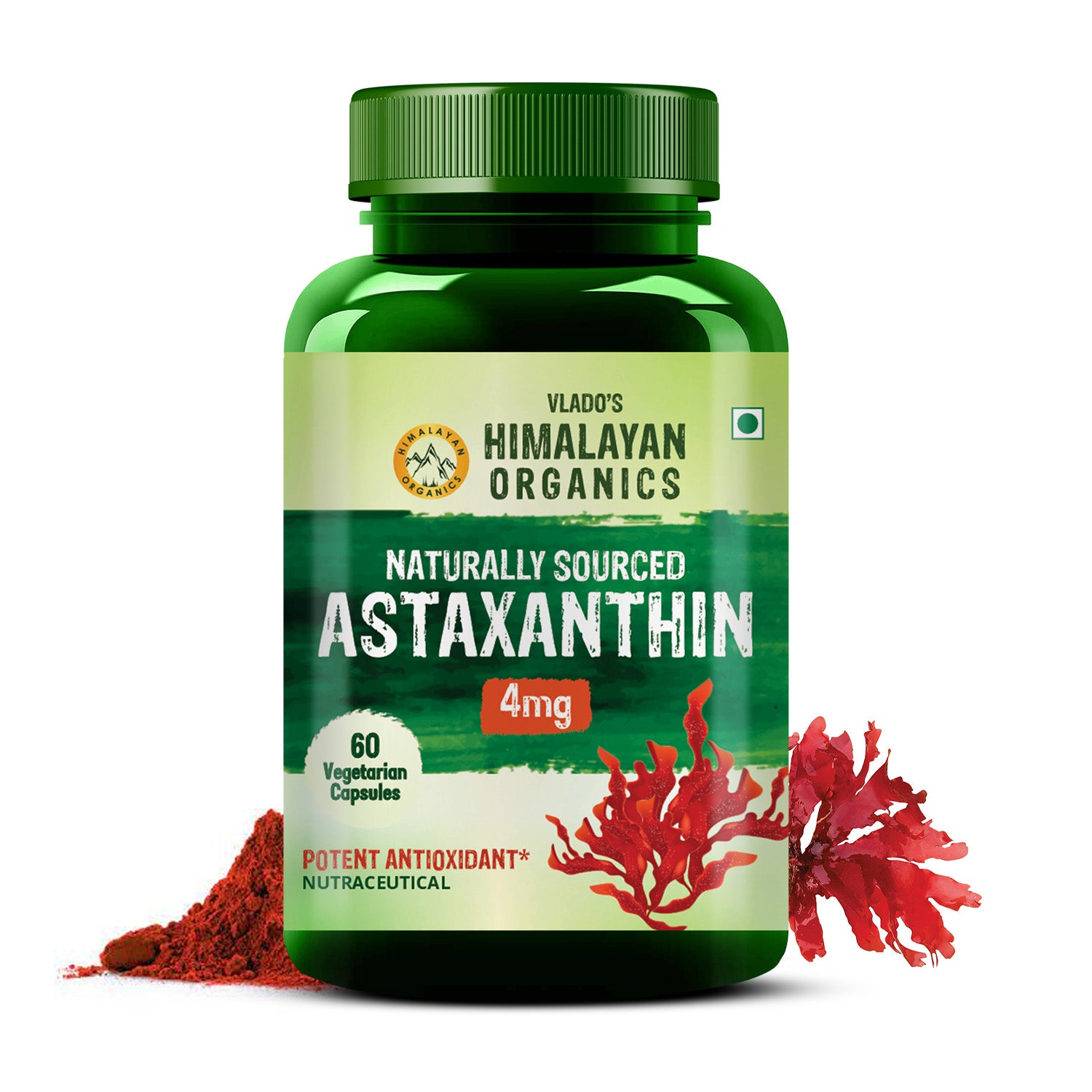 Vlado's Himalayan Organics Naturally Sourced Astaxanthin 4mg | Antioxidant for Skin, Eye & Energy | 60 Veg Capsules