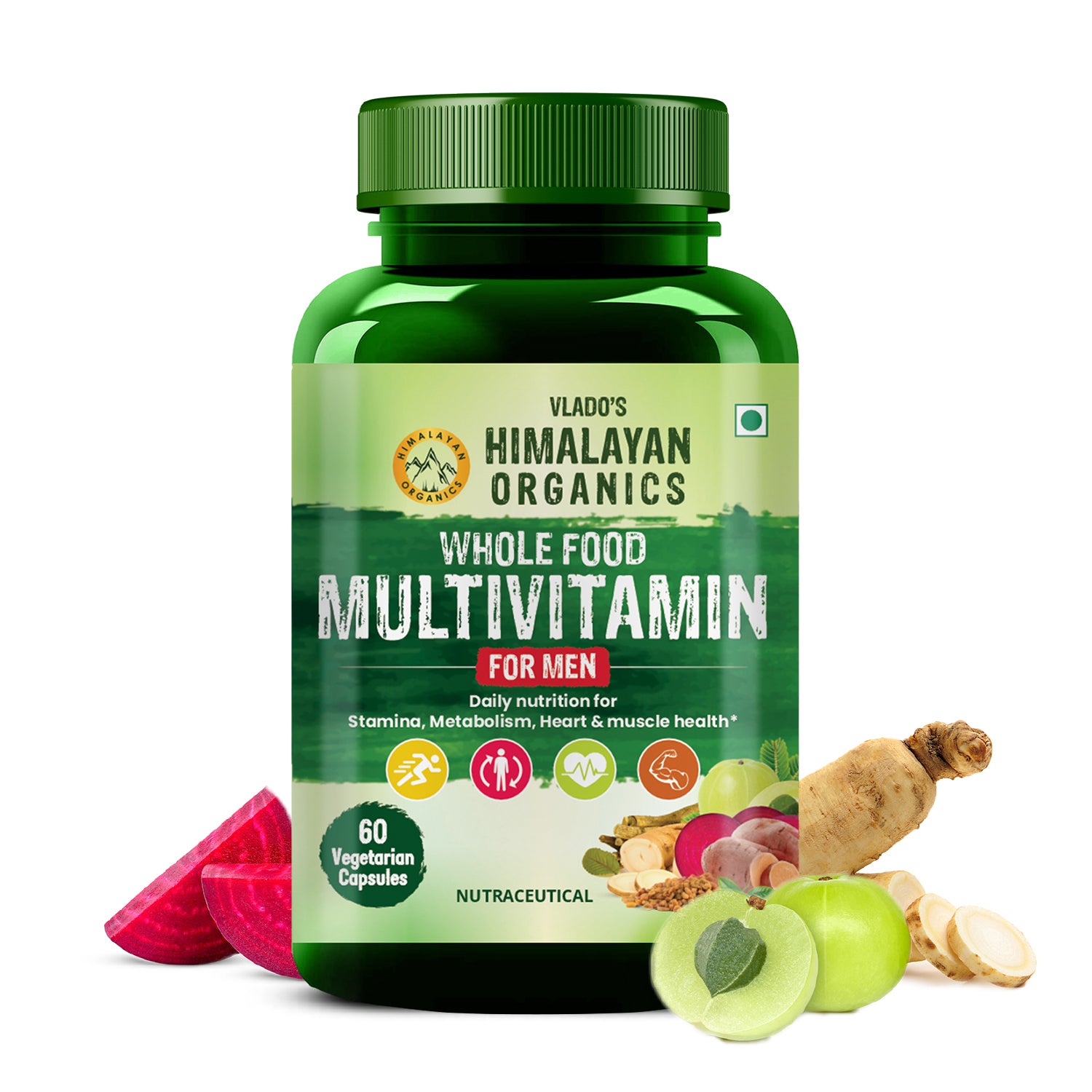 Vlado's Himalayan Organics Whole Food Multivitamin for Men with Vitamins, Minerals, Extracts | For Energy, Brain, Heart Health & Eye Health - 60 Veg Capsules