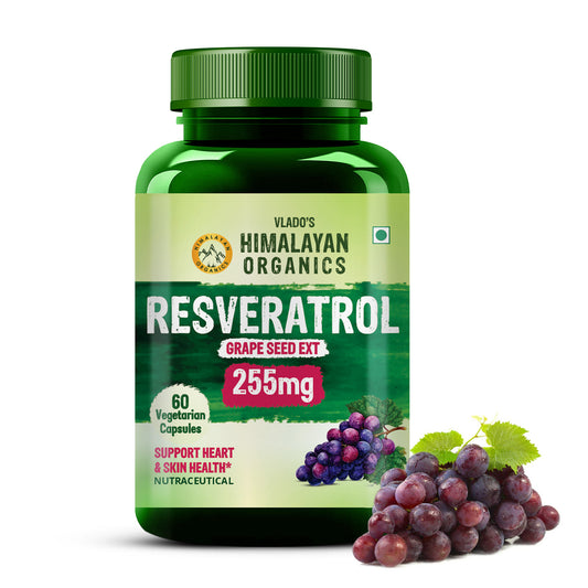 Vlado's Himalayan Organics Resveratrol 255mg with Grape Seed Extract Supplement | Support Heart And Skin Health | Powerful Anti-oxidant for Anti-Ageing - 60 Veg Capsules