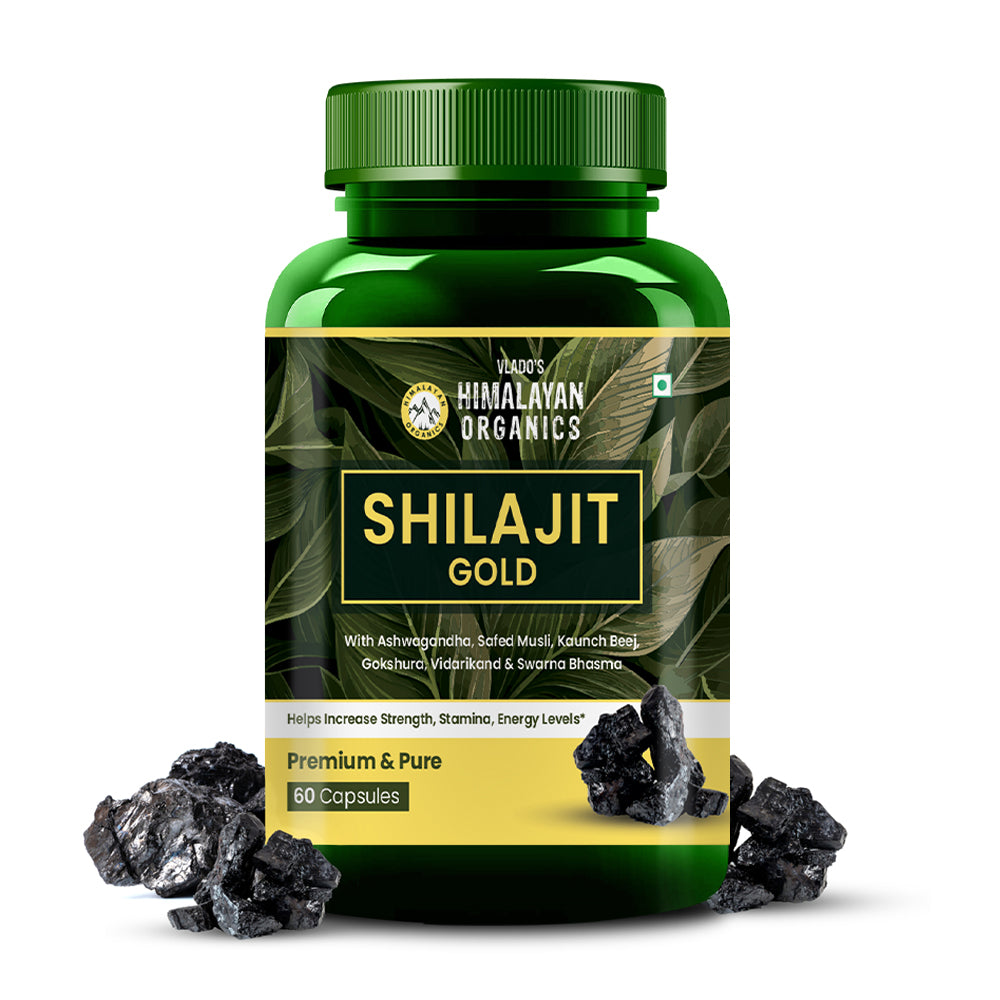 Vlado's Himalayan Organics Pure Shilajit 24 carat Gold with Ashwagandha, Safed musli, Kaunch beej , Gokshura Swarna & Rajat Bhasma +10 more Ayurvedic herbs - -Boost Stamina, Strenght, Energy Power, Build Muscle Mass - 60 Veg Capsules