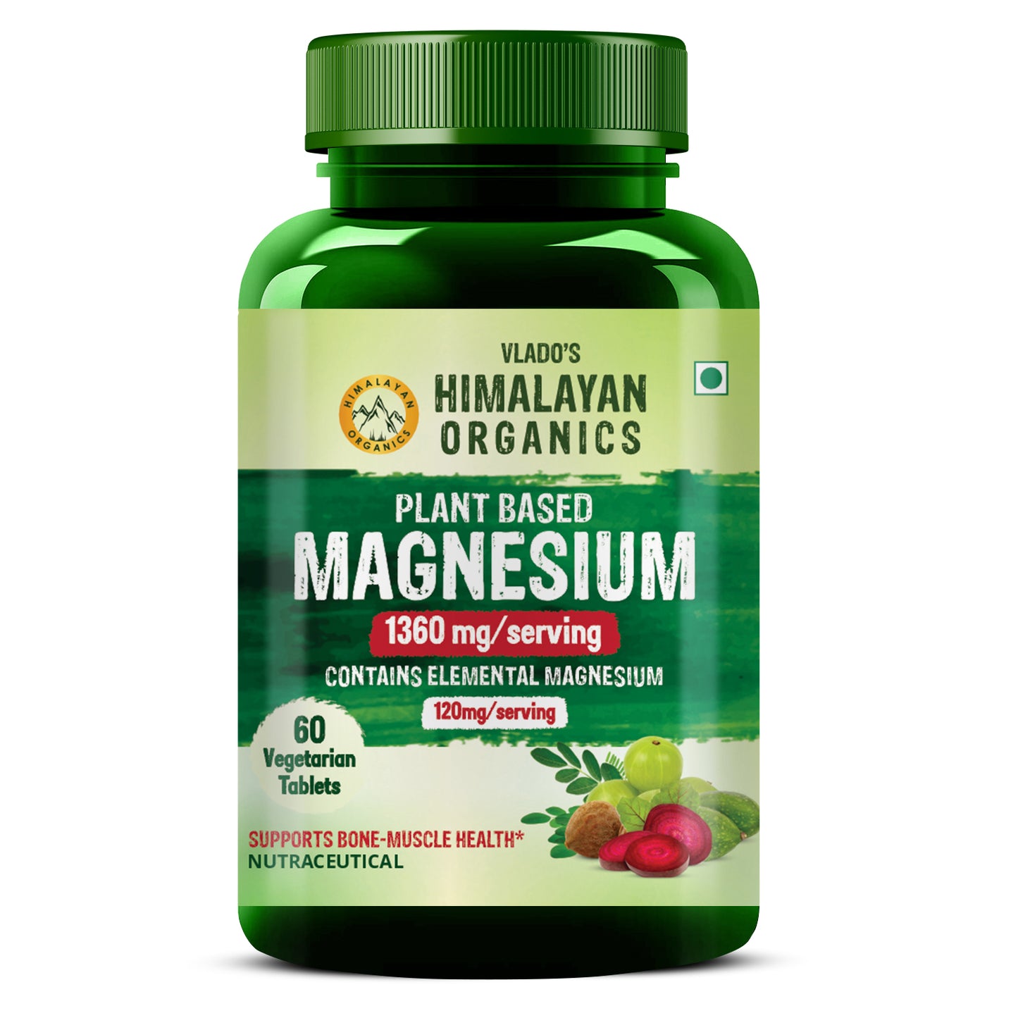 Vlado's Himalayan Organics Plant Based Magnesium Supplement 1360mg With Turmeric Spirulina, Wheatgrass, Moringa | Supports Bone Muscle & Bone Health | Boost Energy Level - 60 Veg Tablets