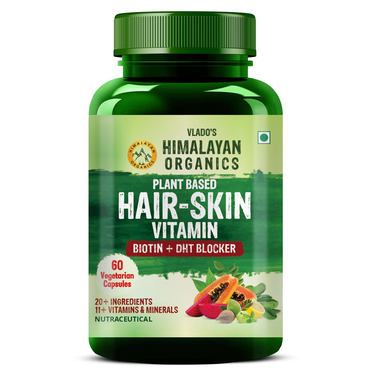 Vlado's Himalayan Organics Plant-Based Hair Skin vitamin with Pure Biotin And DHT Blocker - For Men And Women - 60 Veg Capsules