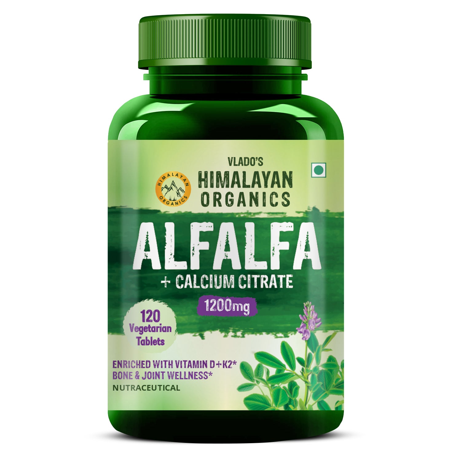 Vlado's Himalayan Organics Alfalfa Calcium Citrate Malate 1200mg with Vitamin D, k2, Mk7, B12, Zinc & Magnesium - 120 Veg Tablets