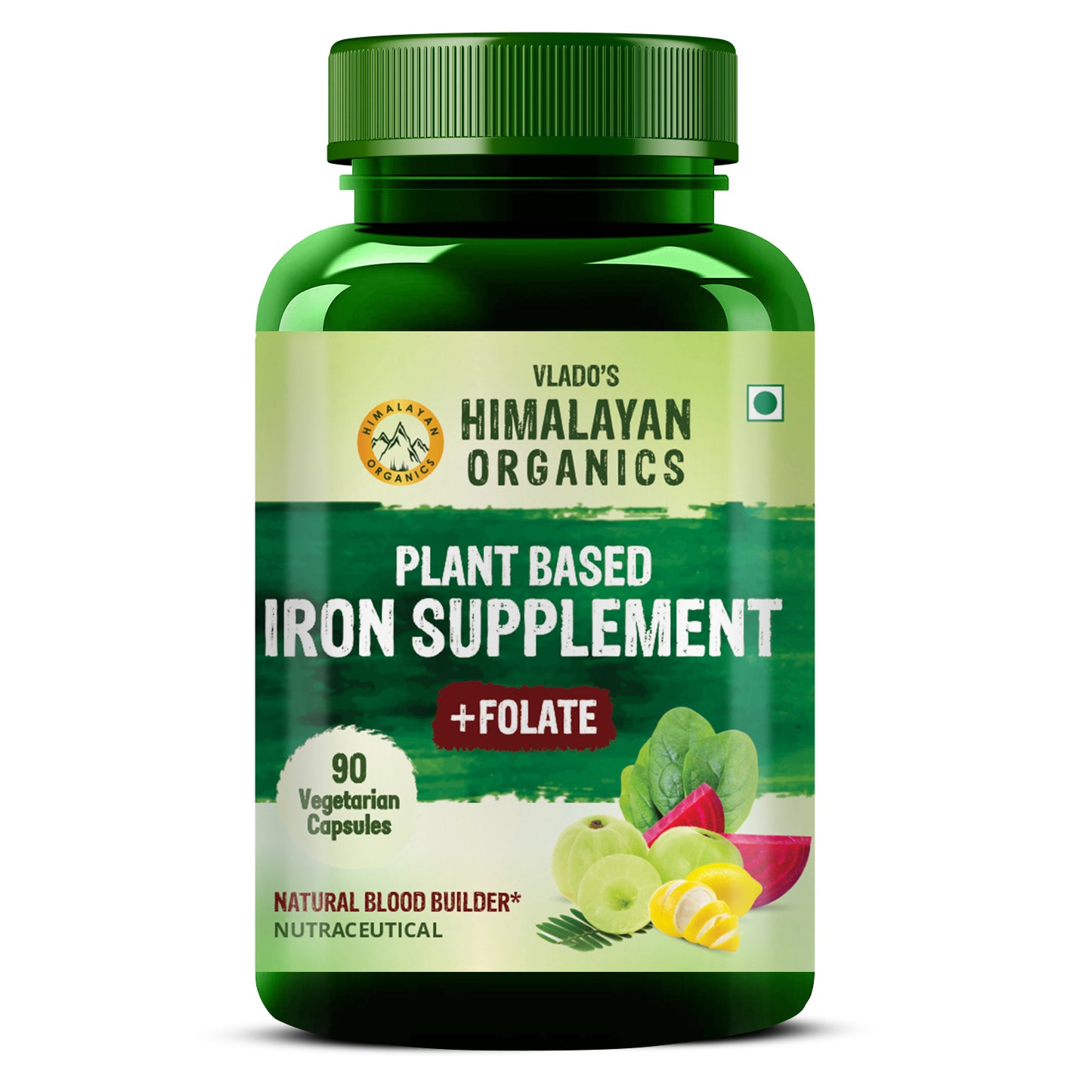 Vlado's Himalayan Organics Plant Based Iron with Folate for Better Hemoglobin, Immunity, Oxygen Binding Capacity - 90 Veg Capsules