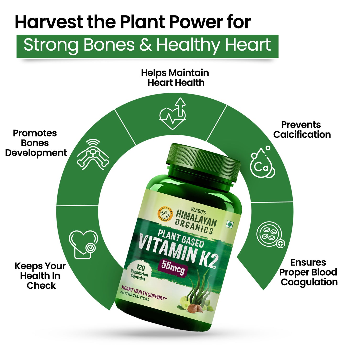 Vlado's Himalayan Organics Plant-Based Vitamin K2 Supplement Supports Stronger Bone & Heart Health - 120 Veg Capsules