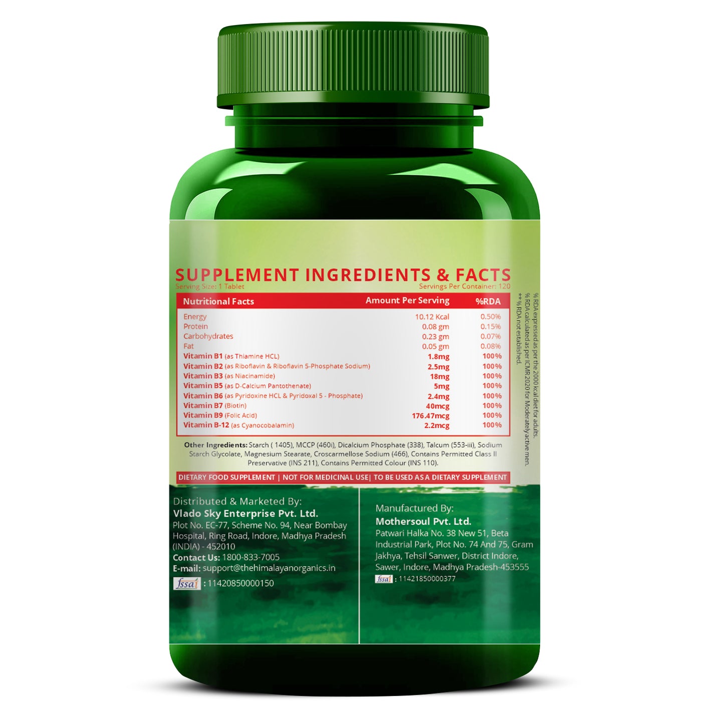 Vlado's Himalayan Organics Vitamin B Complex with 100% RDA B1, B2, B3, B5, B6, B7, B9 & B12 Supplement to Support Cognitive Health - 120 Veg Tablets