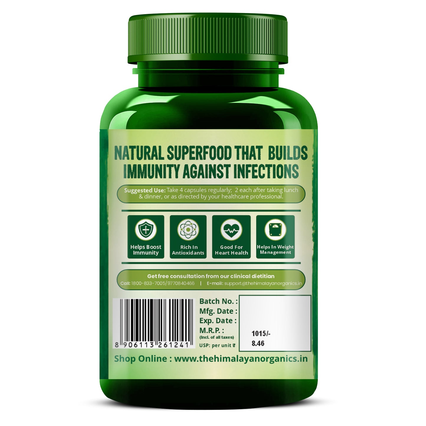 Vlado's Himalayan Organics Spirulina 2000mg Supplement For Men And Women  - 120 Veg Capsules