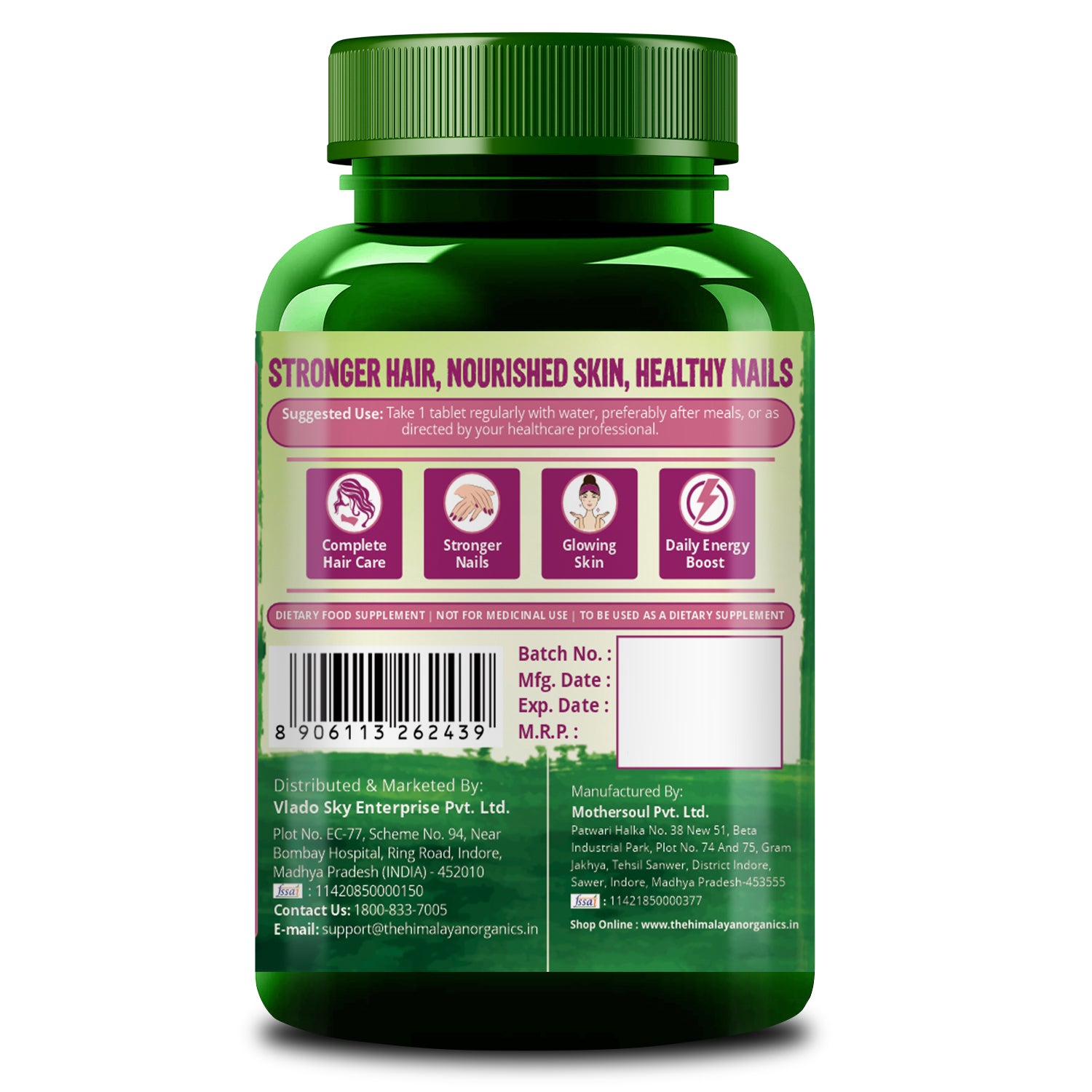 Vlado's Himalayan Organics Biotin 10,000mcg Supplement with Keratin + Amino Acids & Multivitamin - 120 Veg Tablets