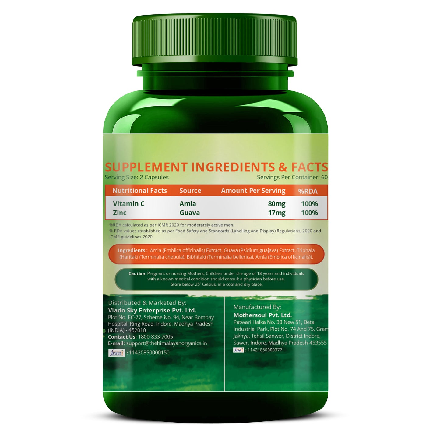 Vlado's Himalayan Organics Plant Based Vitamin C with Zinc (120 Capsules) As Amla Extract - Glowing Skin & Immunity