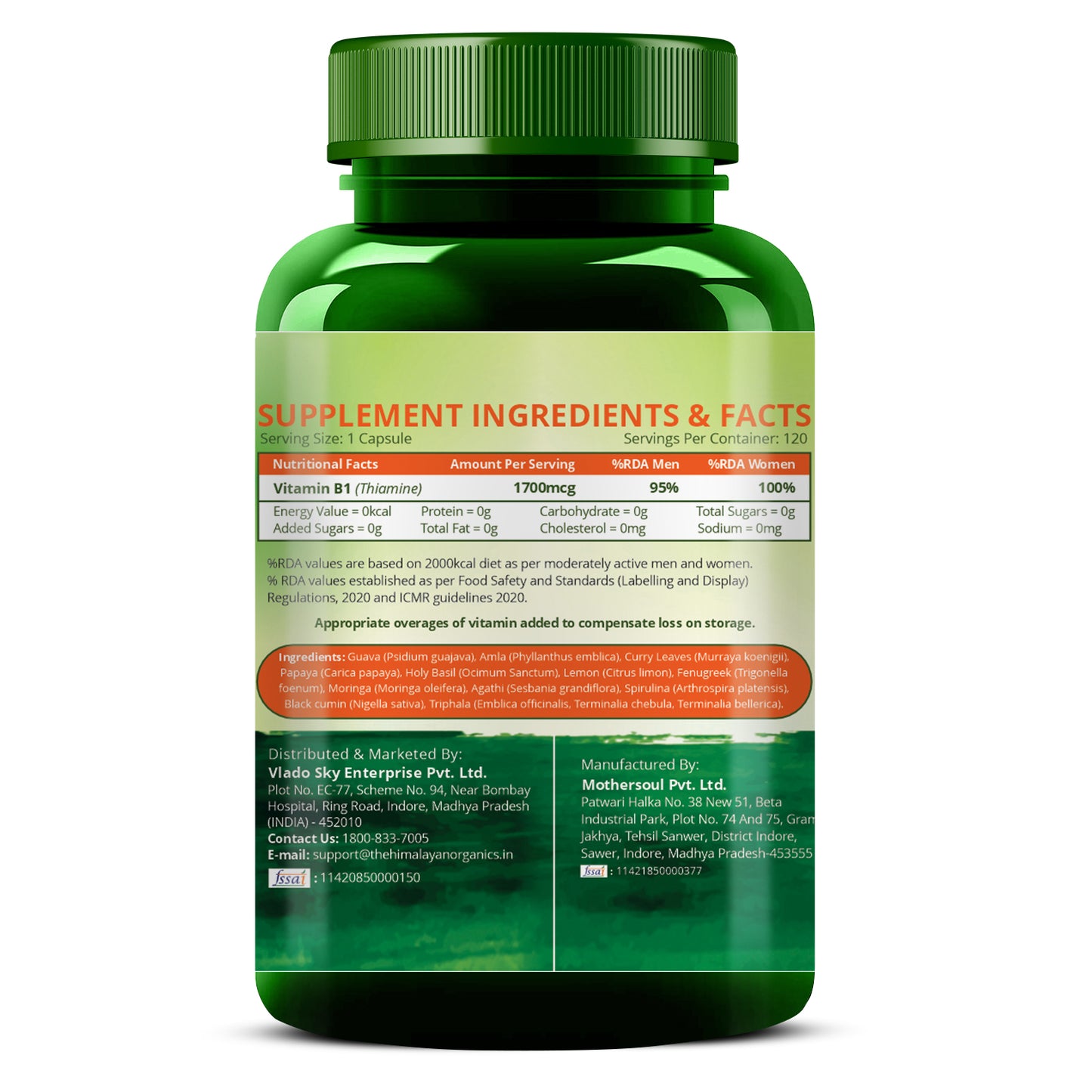 Vlado's Himalayan Organics Plant-Based Vitamin B1 | Rich in Antioxidants | Supports Memory And Energy (120 Capsules)