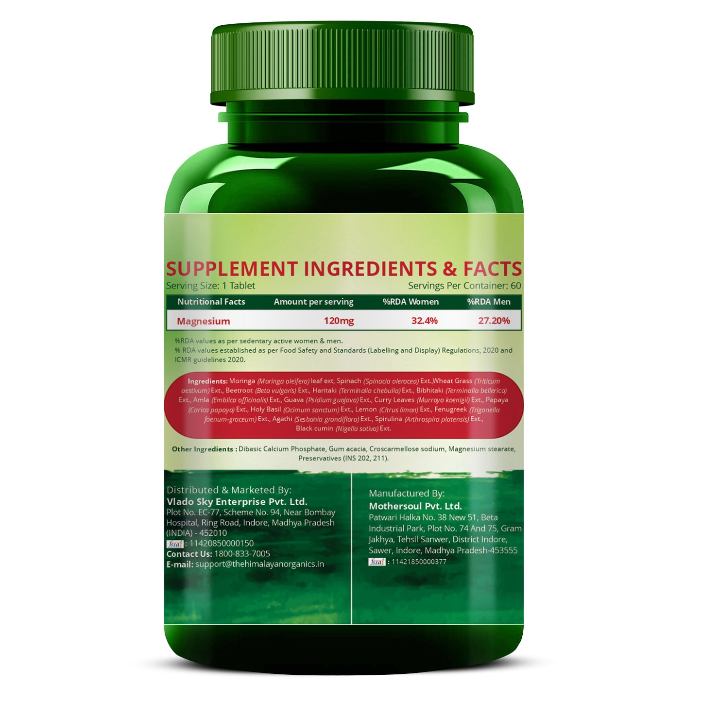 Vlado's Himalayan Organics Plant Based Magnesium Supplement 1360mg With Turmeric Spirulina, Wheatgrass, Moringa | Supports Bone Muscle & Bone Health | Boost Energy Level - 60 Veg Tablets