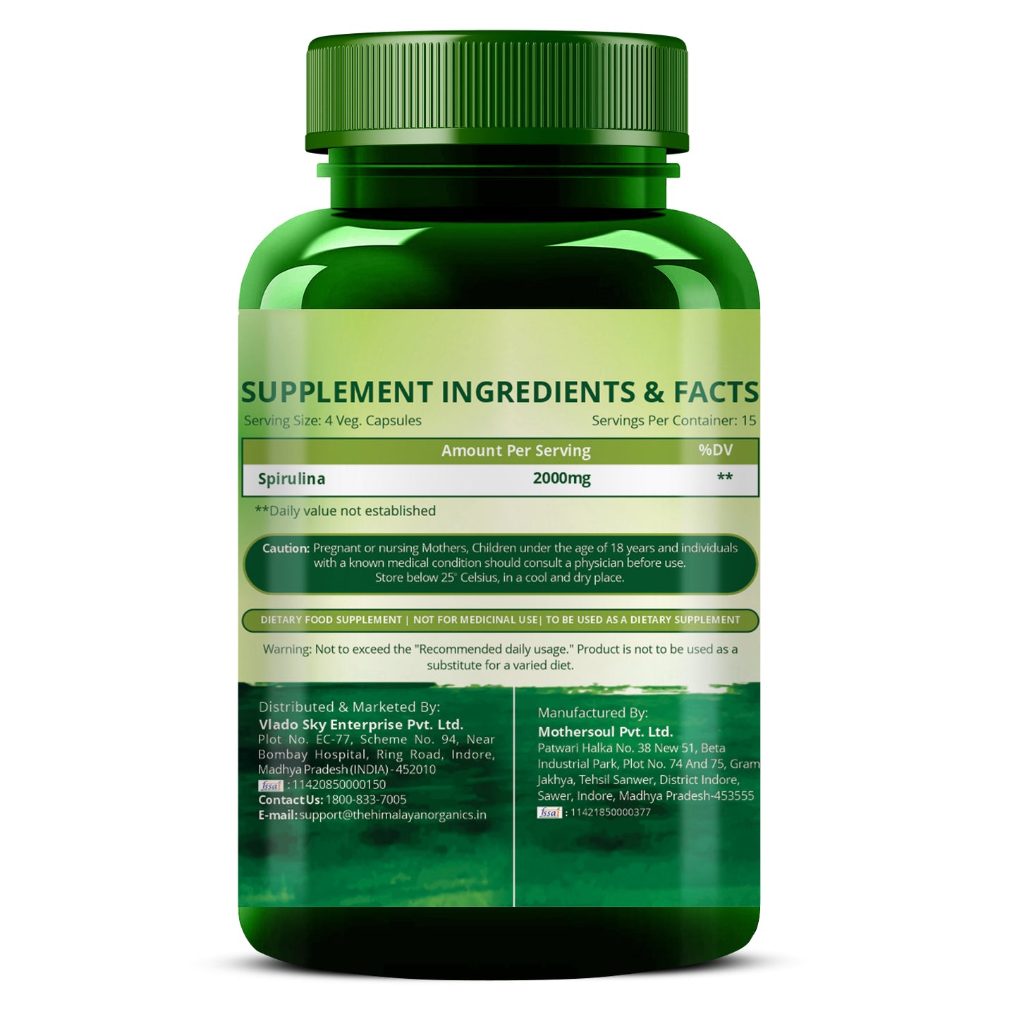 Vlado's Himalayan Organics Spirulina 2000mg Supplement | Green Food For Good Health Weight Management And Immunity Booster | Helps In Healthy Heart - 60 Veg Capsules