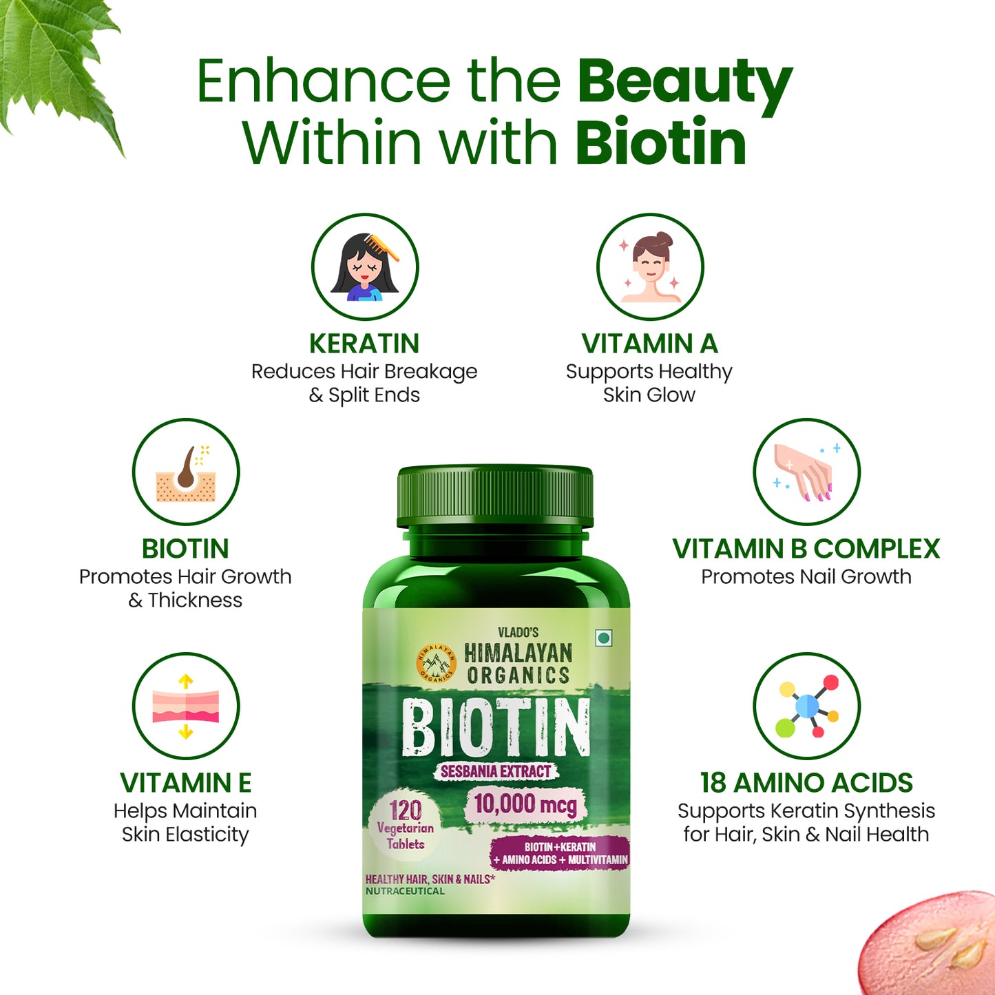 Vlado's Himalayan Organics Biotin 10,000mcg Supplement with Keratin + Amino Acids & Multivitamin - 120 Veg Tablets