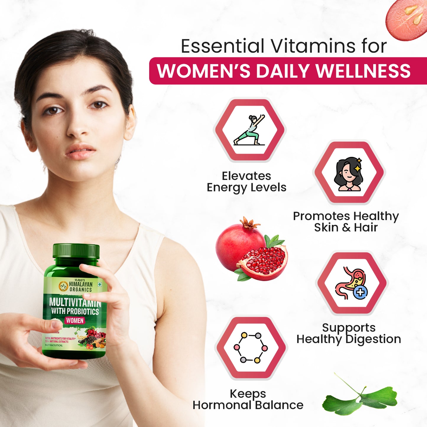 Vlado's Himalayan Organics Multivitamin with Probiotics for Women | 60 Veg Tabs | 60 + Natural Extracts, Essential Vitamins & Minerals |Vitamin D3, B12, Calcium, Curcumin & Biotin