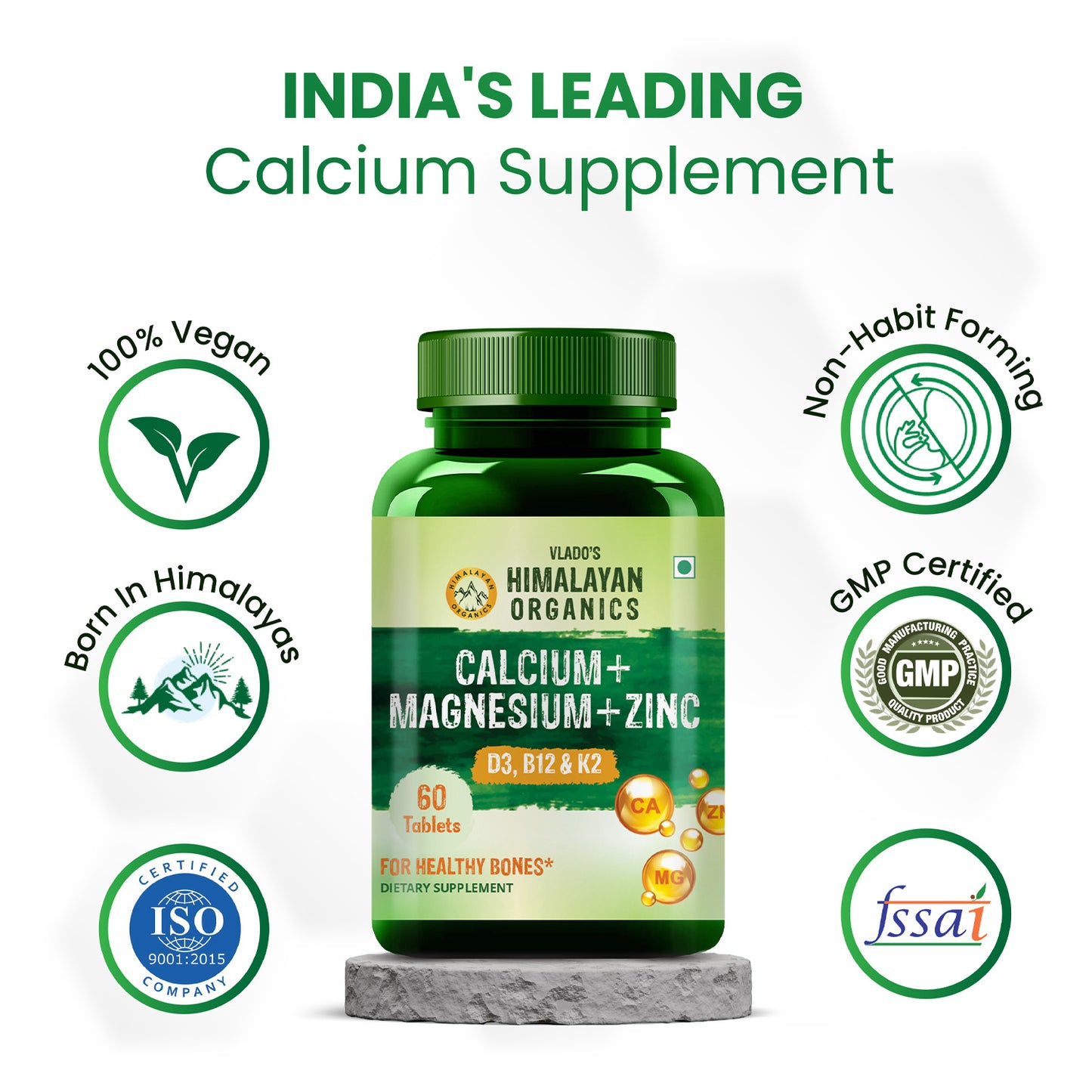 Vlado's Himalayan Organics Calcium Magnesium Zinc Vitamin D3 & B12-60 Vegetarian Tabs