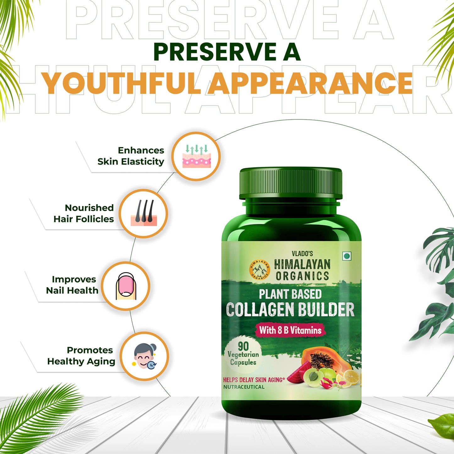 Vlado's Himalayan Organics Plant Based Collagen Builder With 8 B Vitamins for Hair and Skin | Collagen Supplement for Women & Men | Collagen Capsules With Biotin & Vitamin C | Glowing and Youthful Skin (90 Capsules)