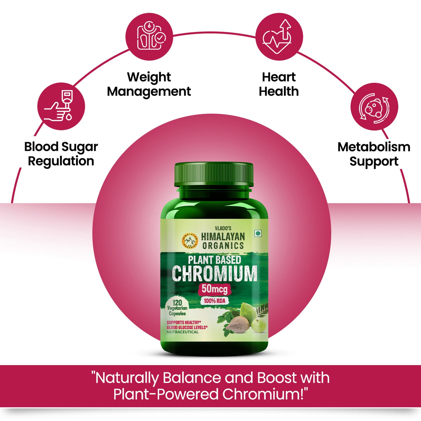 Vlado's Himalayan Organics Plant Based Chromium 50mcg | Supports Healthy Blood Glucose Level - 120 Veg Capsule