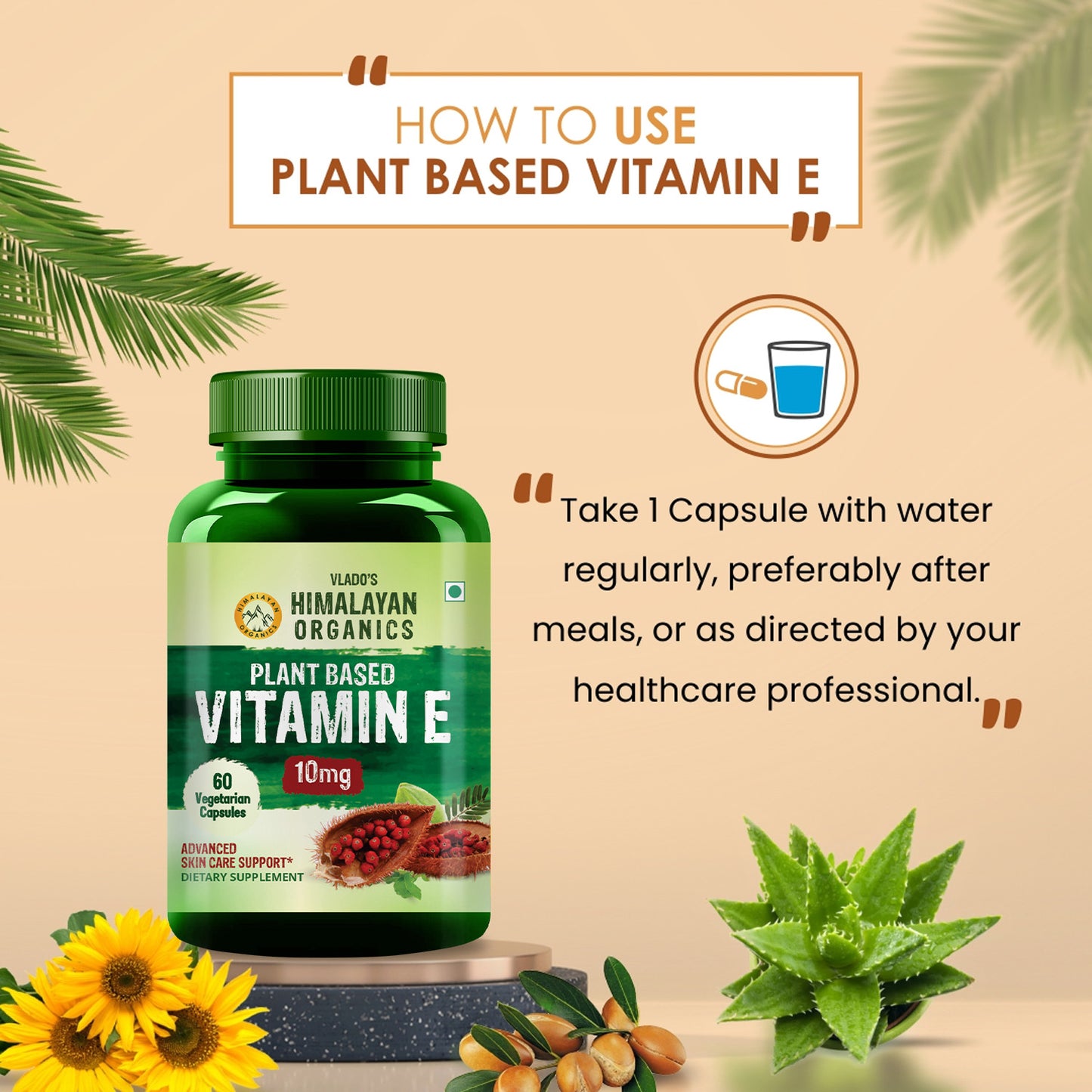 Vlado's Himalayan Organics Plant Based Vitamin E Capsules (Non GMO Sunflower, Aloevera, Argan) - 60 Capsules