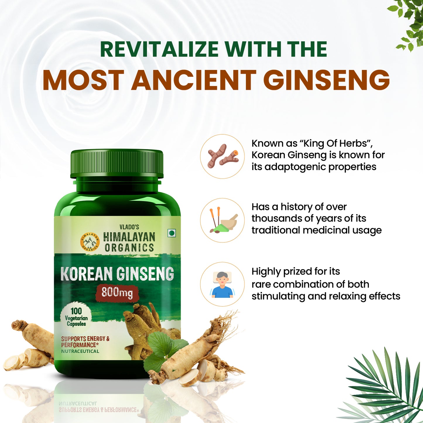 Vlado's Himalayan Organics Korean Red Ginseng 800mg/Serve - 100 Vegetarian Capsules