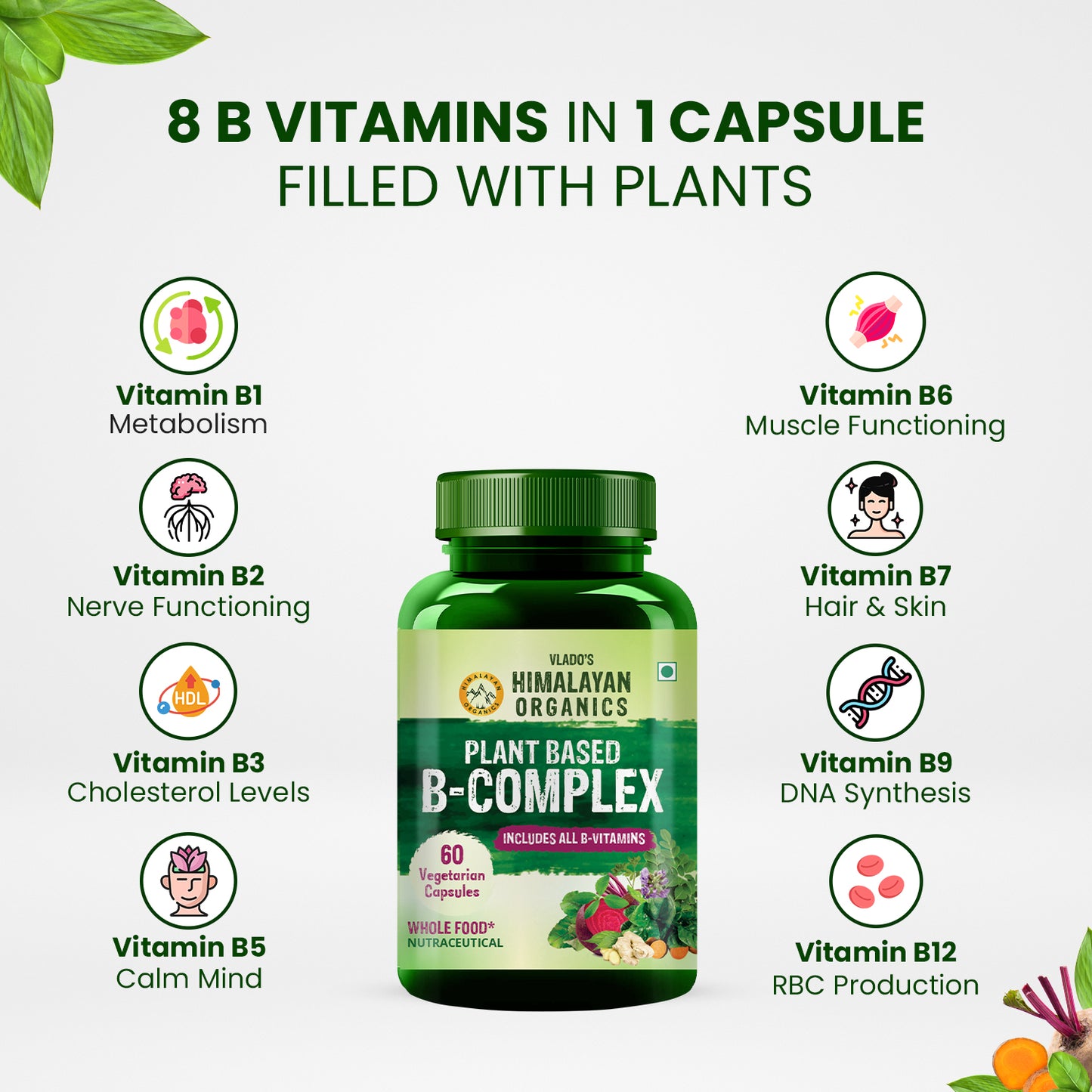 Vlado's Himalayan Organics Plant Based B Complex Vitamin with 100% RDA B1, B2, B3, B5, B6, B9 & B12 - 60 Veg Capsules