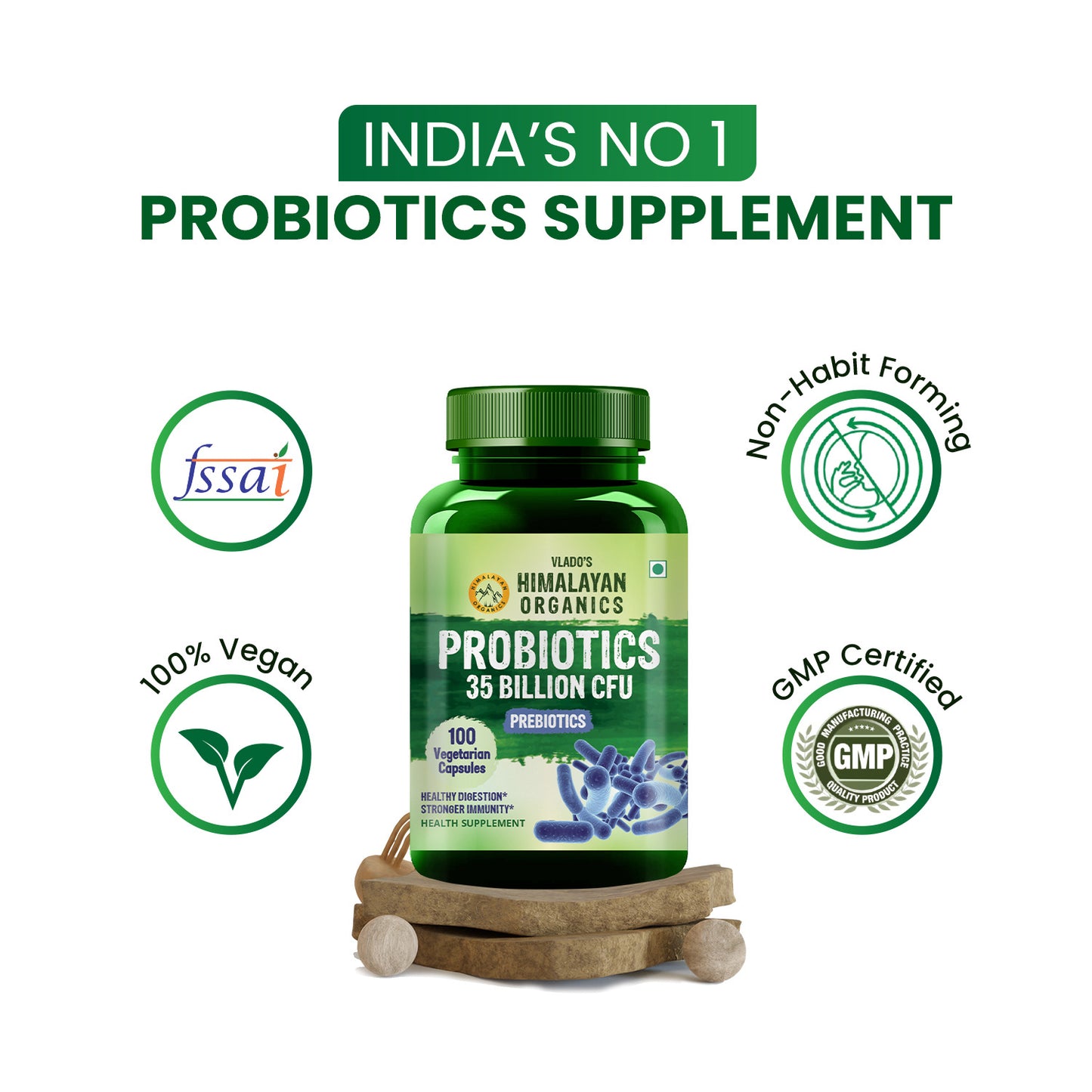 Vlado's Himalayan Organics Probiotics Supplement 35 Billion CFU for women & men, 16 Strains with Prebiotics - 100 Veg Capsules