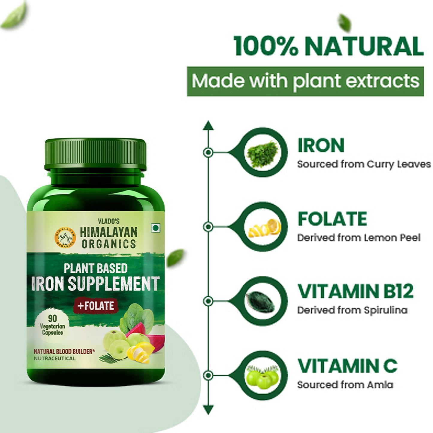 Vlado's Himalayan Organics Plant Based Iron with Folate for Better Hemoglobin, Immunity, Oxygen Binding Capacity - 90 Veg Capsules