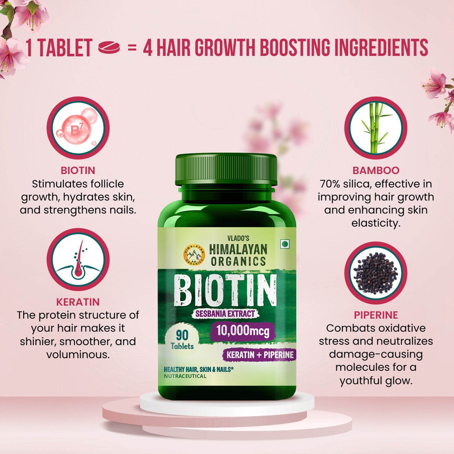 Vlado's Himalayan Organics Biotin 10000mcg with Keratin + Piperine Supplement For Healthy Hair, Skin & Nails - 90 Veg Tablets