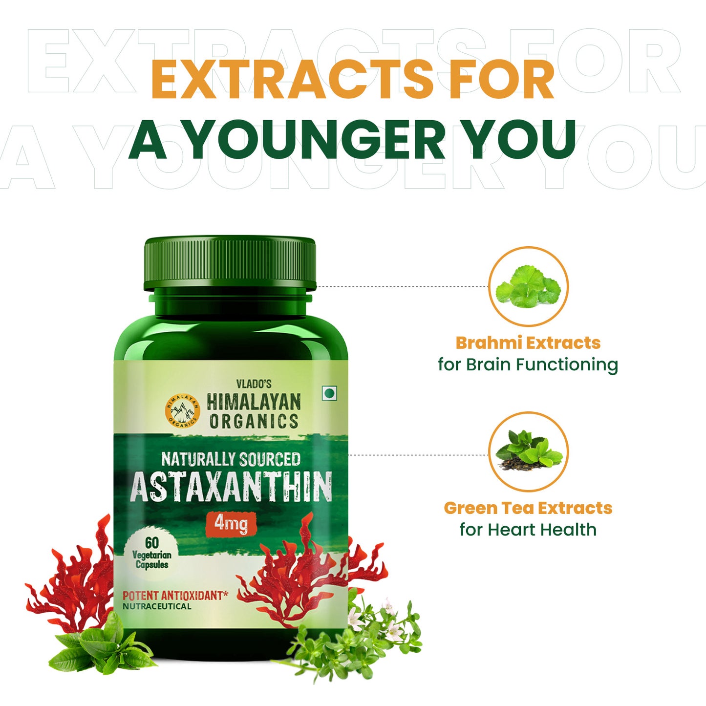 Vlado's Himalayan Organics Naturally Sourced Astaxanthin 4mg | Antioxidant for Skin, Eye & Energy | 60 Veg Capsules