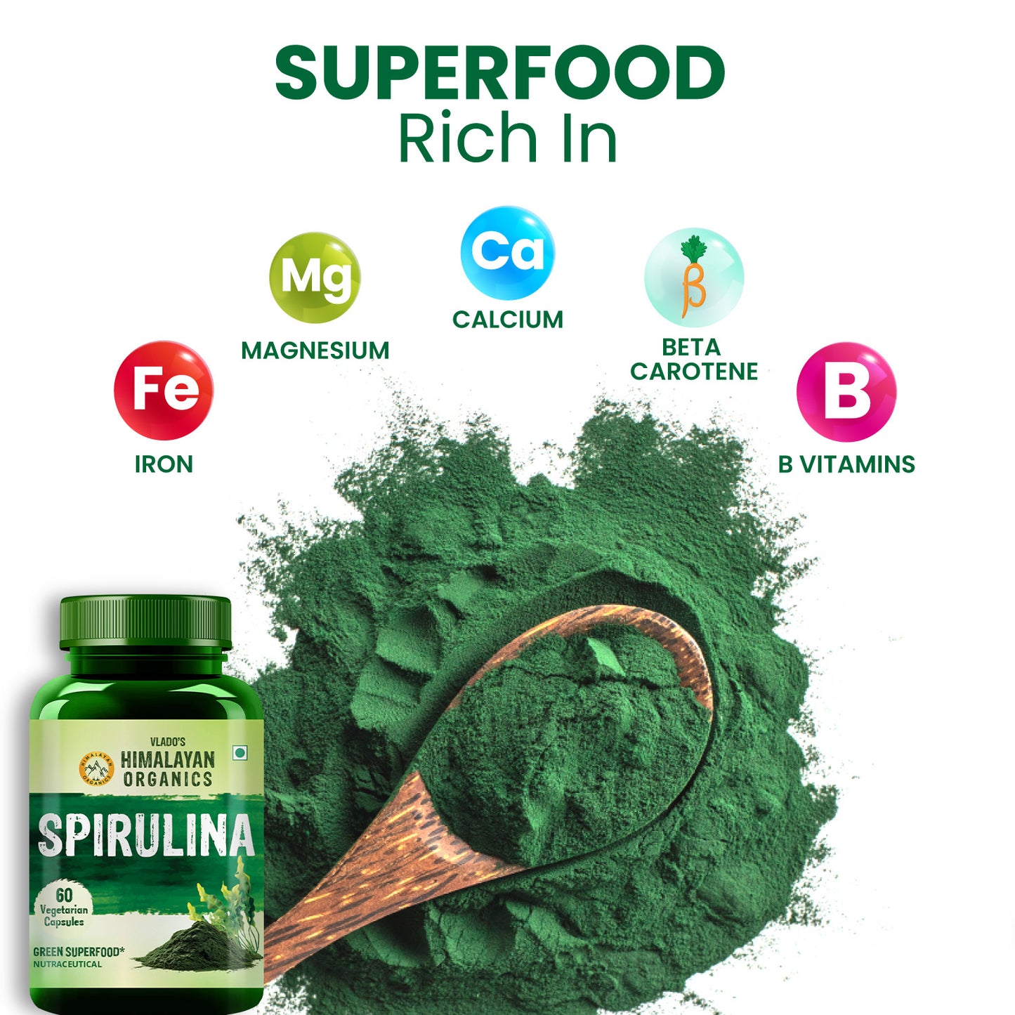 Vlado's Himalayan Organics Spirulina 2000mg Supplement | Green Food For Good Health Weight Management And Immunity Booster | Helps In Healthy Heart - 60 Veg Capsules