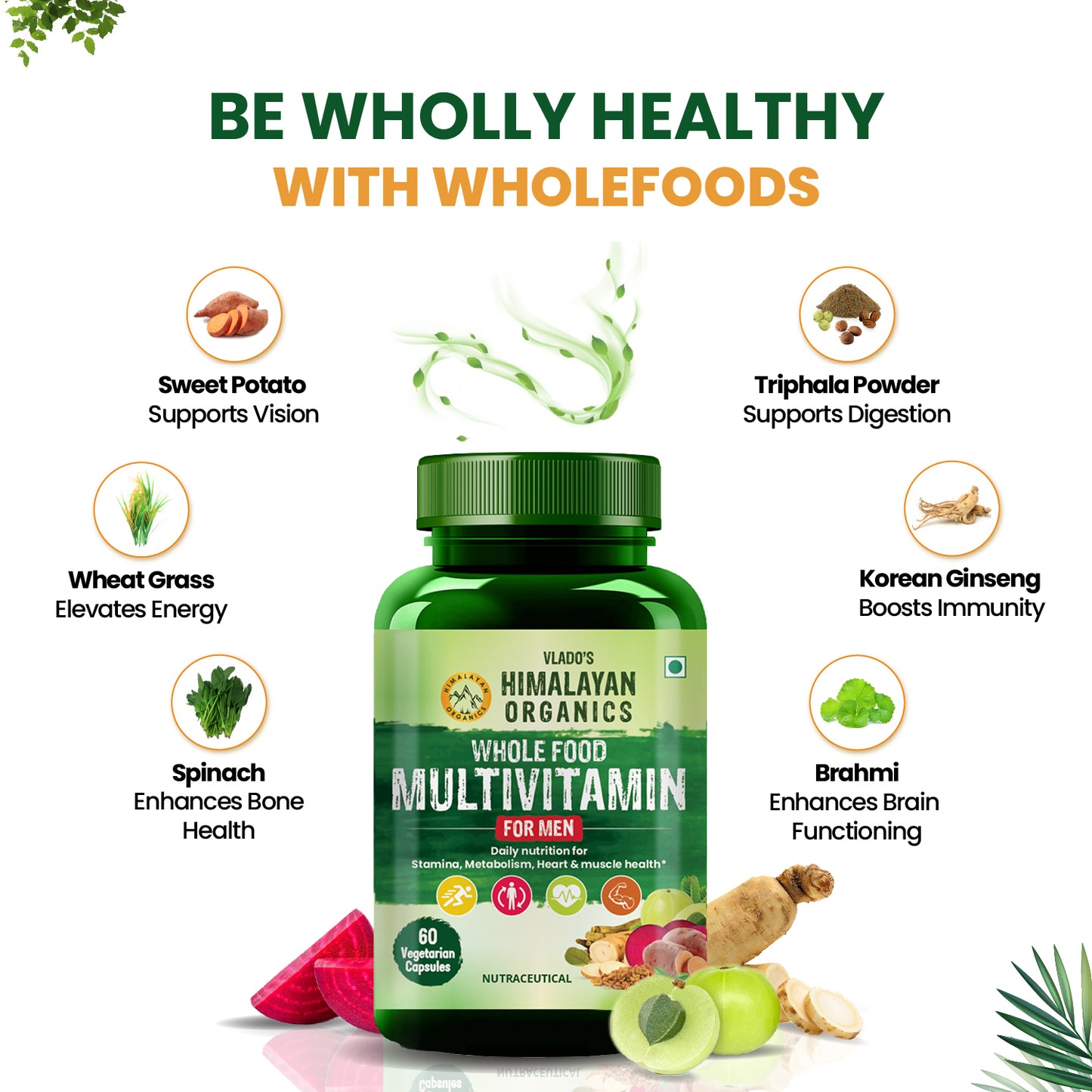 Vlado's Himalayan Organics Whole Food Multivitamin for Men with Vitamins, Minerals, Extracts | For Energy, Brain, Heart Health & Eye Health - 60 Veg Capsules