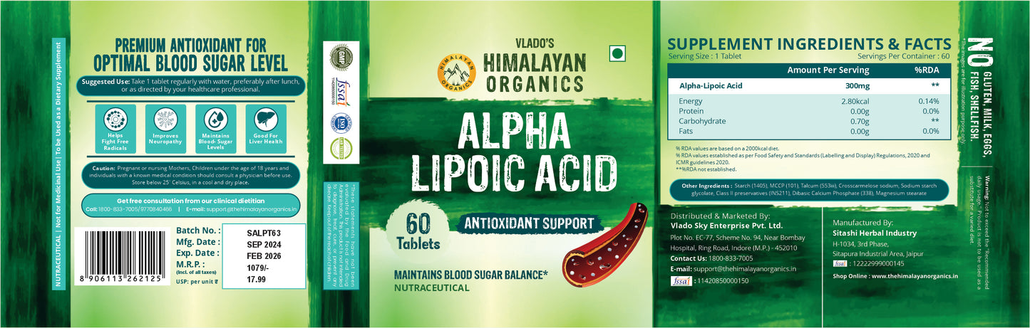 Vlado's Himalayan Organics Alpha Lipoic 300mg | Boost Liver Function, Healthy Blood Sugar, Antioxidant - 60 Veg Tablets