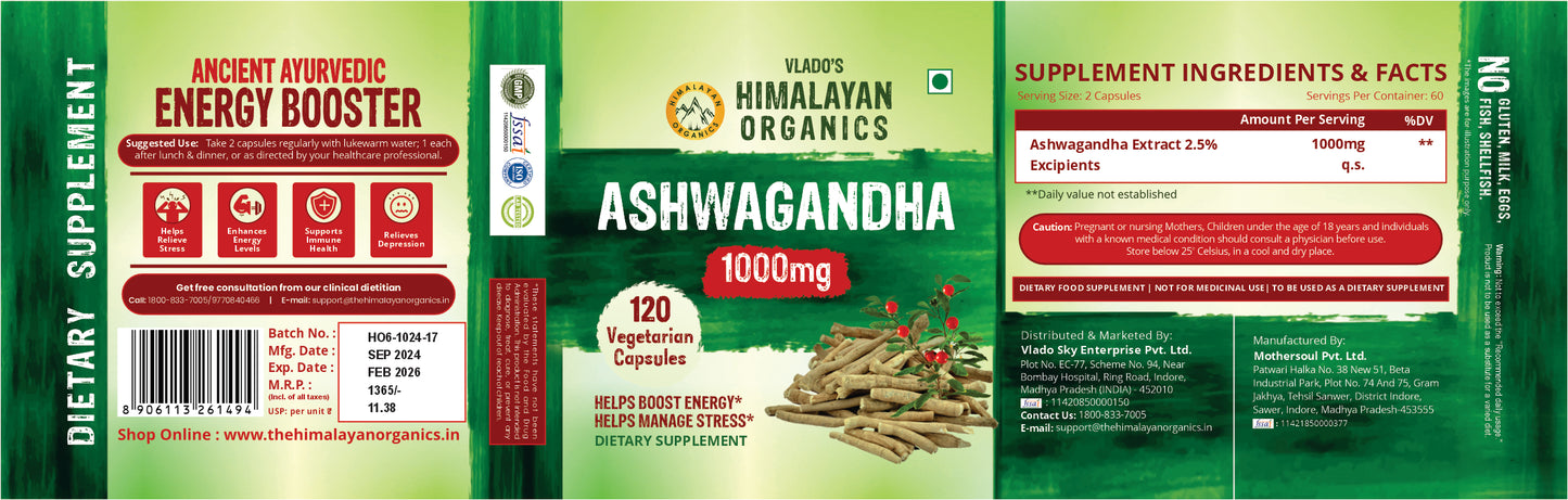 Vlado's Himalayan Organics Ashwagandha 1000mg / Serve for Anxiety Stress Relief & Endurance - 120 Veg Capsules