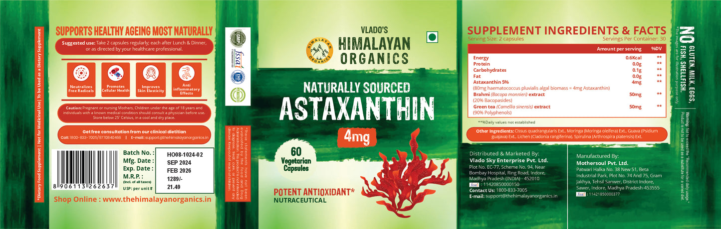 Vlado's Himalayan Organics Naturally Sourced Astaxanthin 4mg | Antioxidant for Skin, Eye & Energy | 60 Veg Capsules