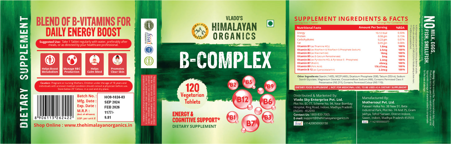 Vlado's Himalayan Organics Vitamin B Complex with 100% RDA B1, B2, B3, B5, B6, B7, B9 & B12 Supplement to Support Cognitive Health - 120 Veg Tablets