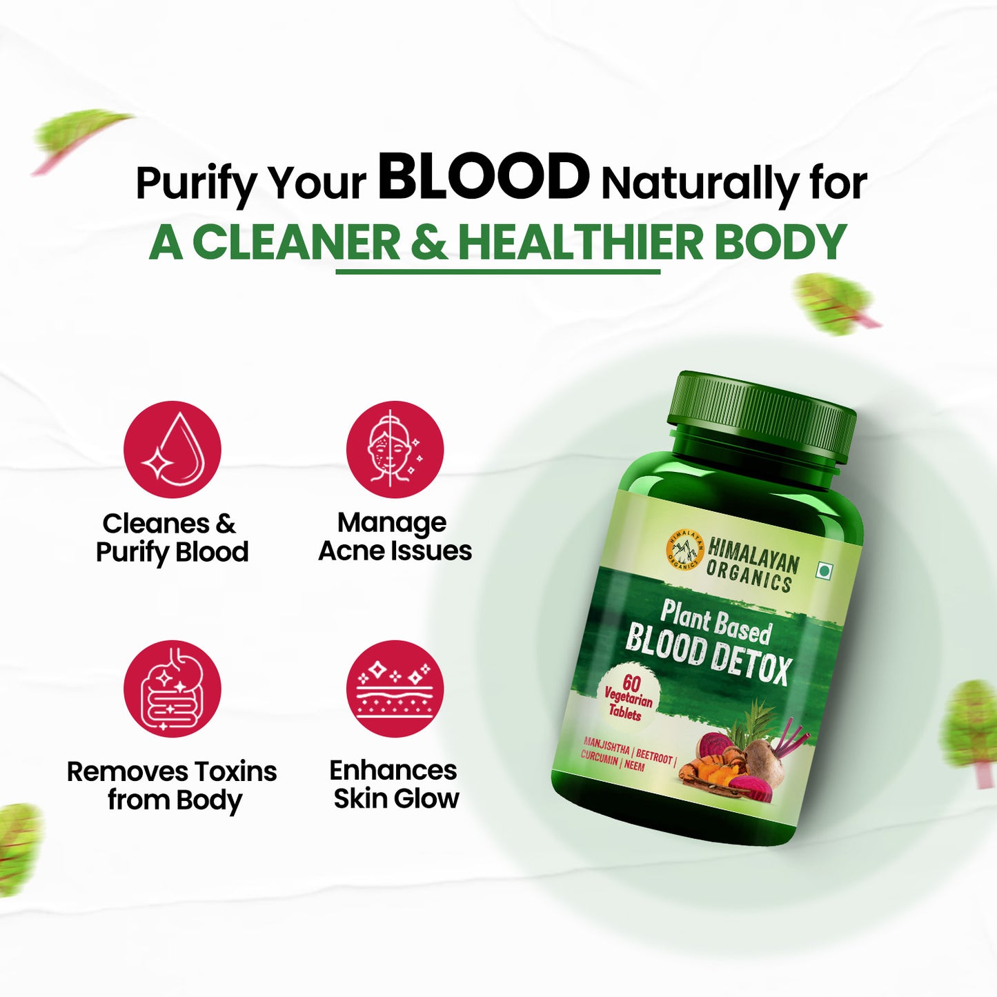 Himalayan Organics Blood Detox | Beetroot Curcumin Manjistha Extracts | Pimple & Acne Control | Natural Purifier & Cleanser – 60 Tablets