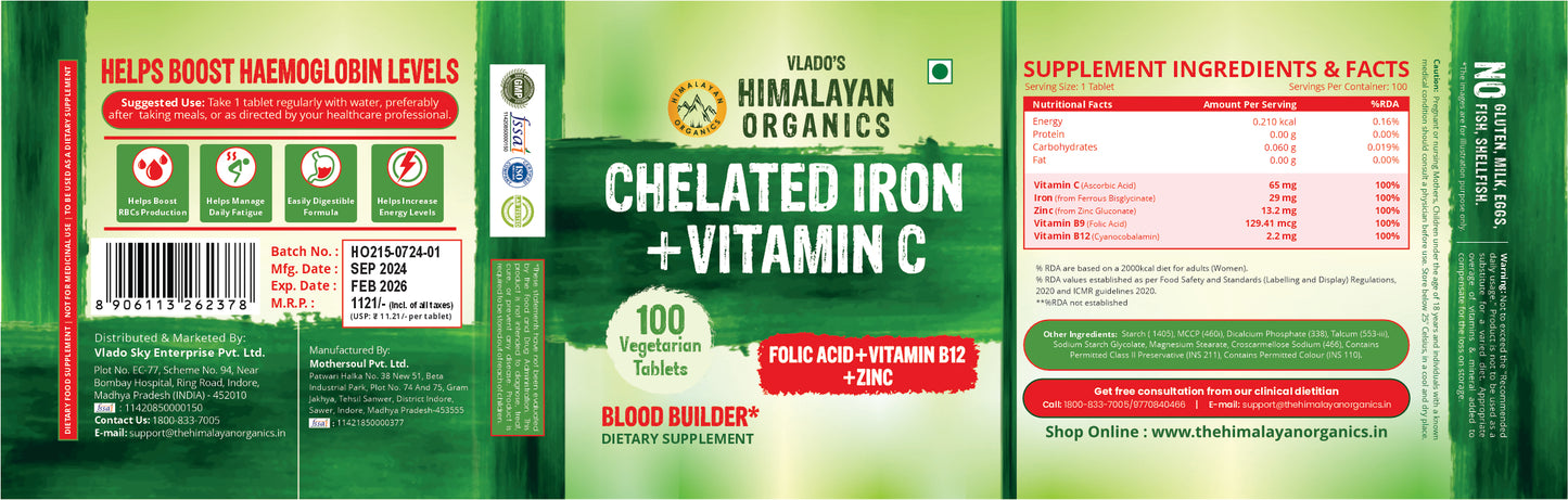 Vlado's Himalayan Organics Chelated Iron with Vitamin C Supplement - 100 Veg Tablets