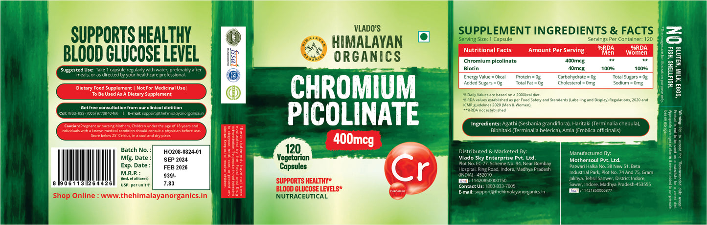 Vlado's Himalayan Organics Chromium Picolinate 400mcg | Supports Healthy Blood Sugar Level | Healthy Heart | Essential For Weight Management - 120 Veg Capsule