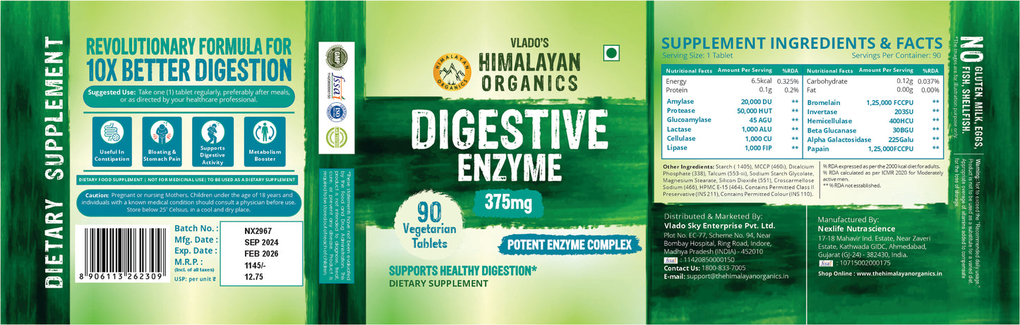 Vlado's Himalayan Organics Digestive Enzyme for Healthy Digestion - 90 Vegetarian Tablets