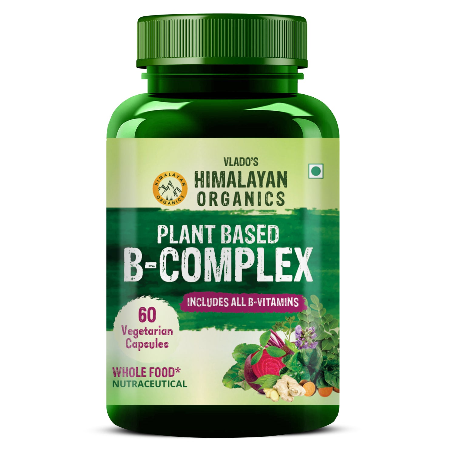 Vlado's Himalayan Organics Plant Based B Complex Vitamin with 100% RDA B1, B2, B3, B5, B6, B9 & B12 - 60 Veg Capsules