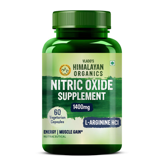 Vlado's Himalayan Organics Nitric Oxide 1400mg With L-Arginine HCI Caffeine Supplement | Good For Muscle Growth, Stamina, Recovery, Immune Booster & Energy- 60 Veg Capsules