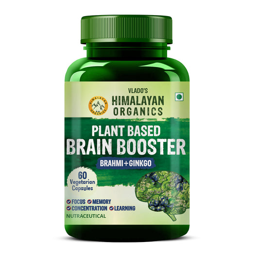 Vlado's Himalayan Organics Plant Based Brain Booster Supplement with Ginkgo Biloba & Brahmi | Boost concentration & Learning Activities | 60 Veg Capsules